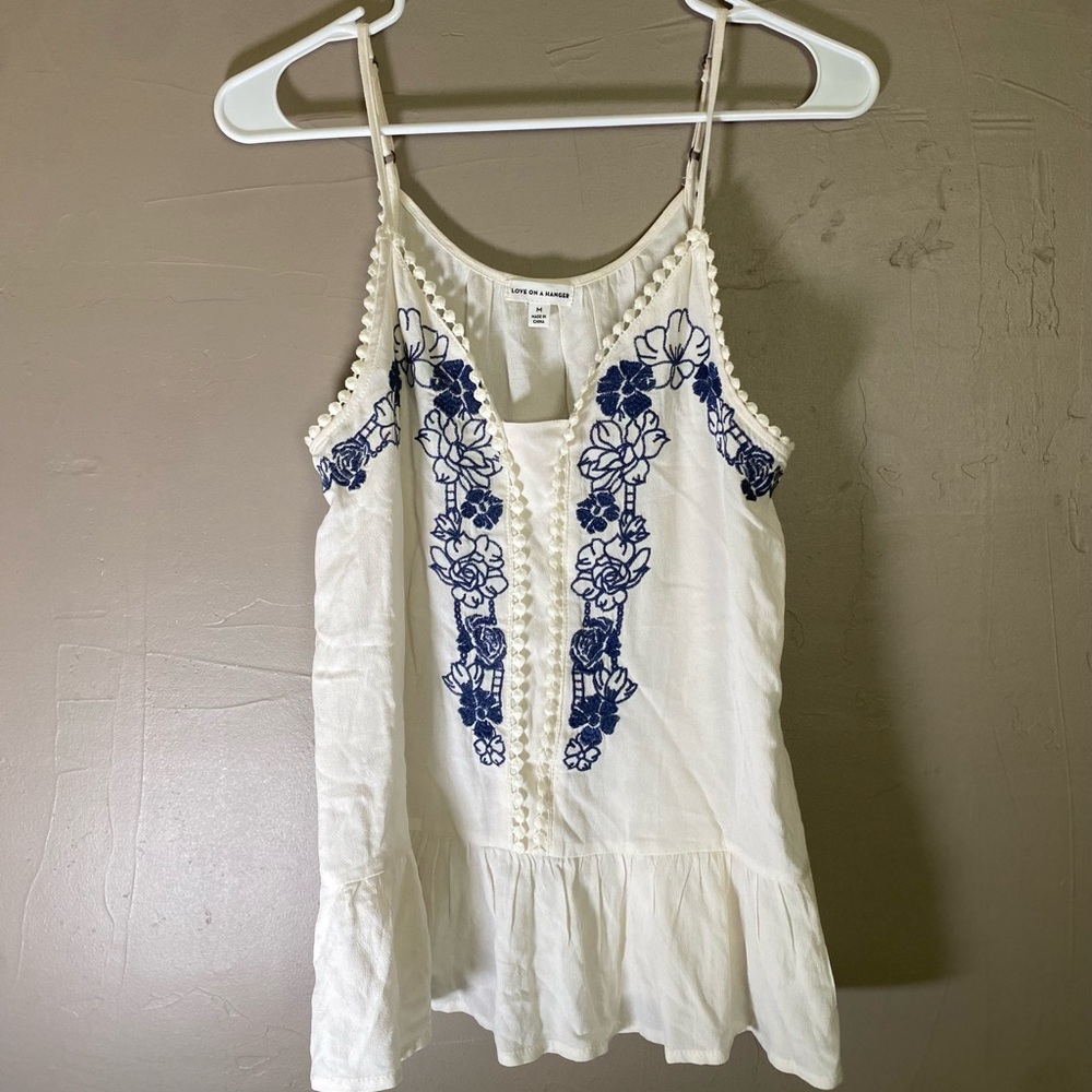 Love on a Hanger White Camisole with Blue Floral Embroidery